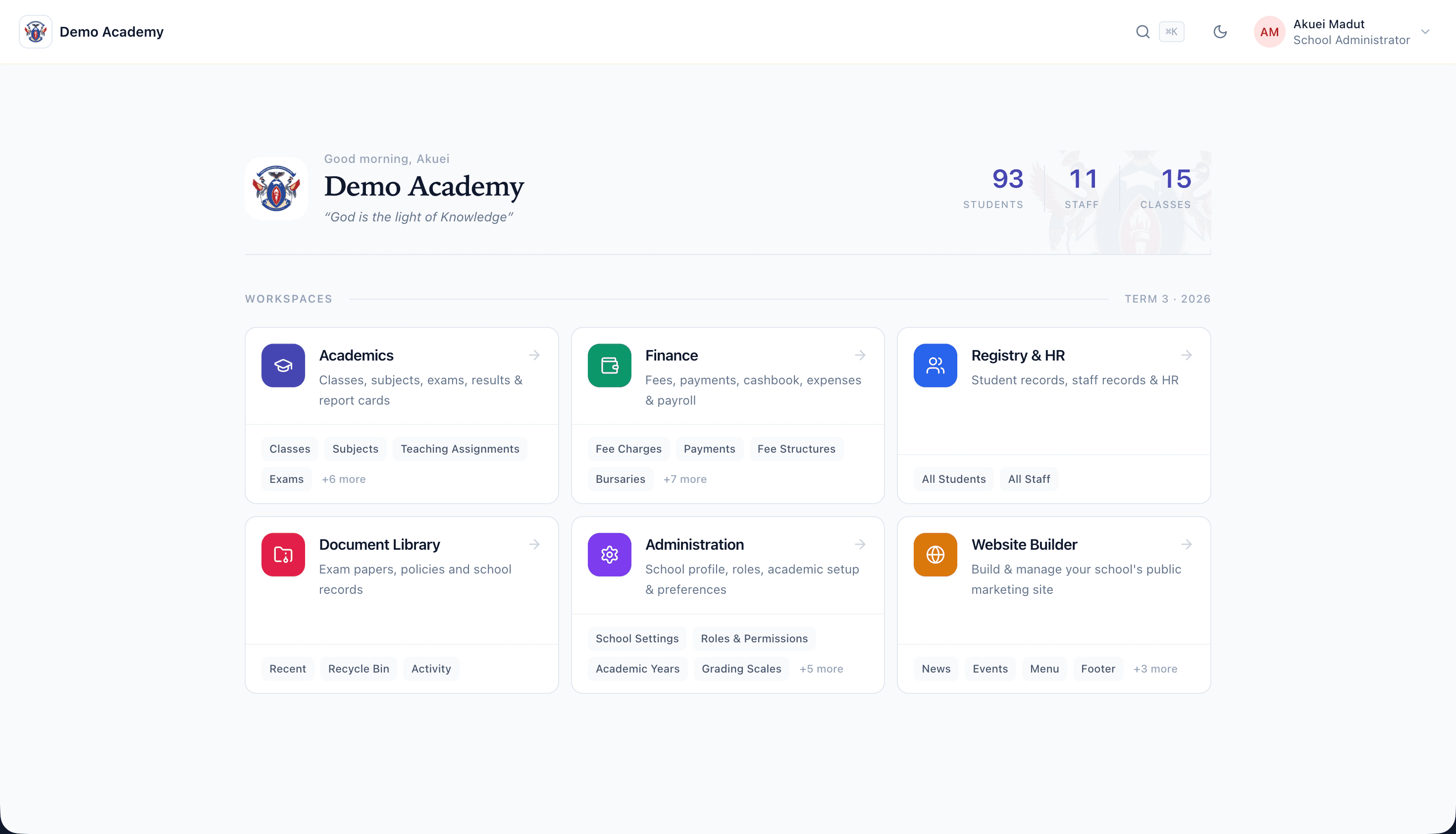 A school's home screen in Sukulpoint: the school name and crest, its student, staff and class counts, and the six workspaces staff move between
