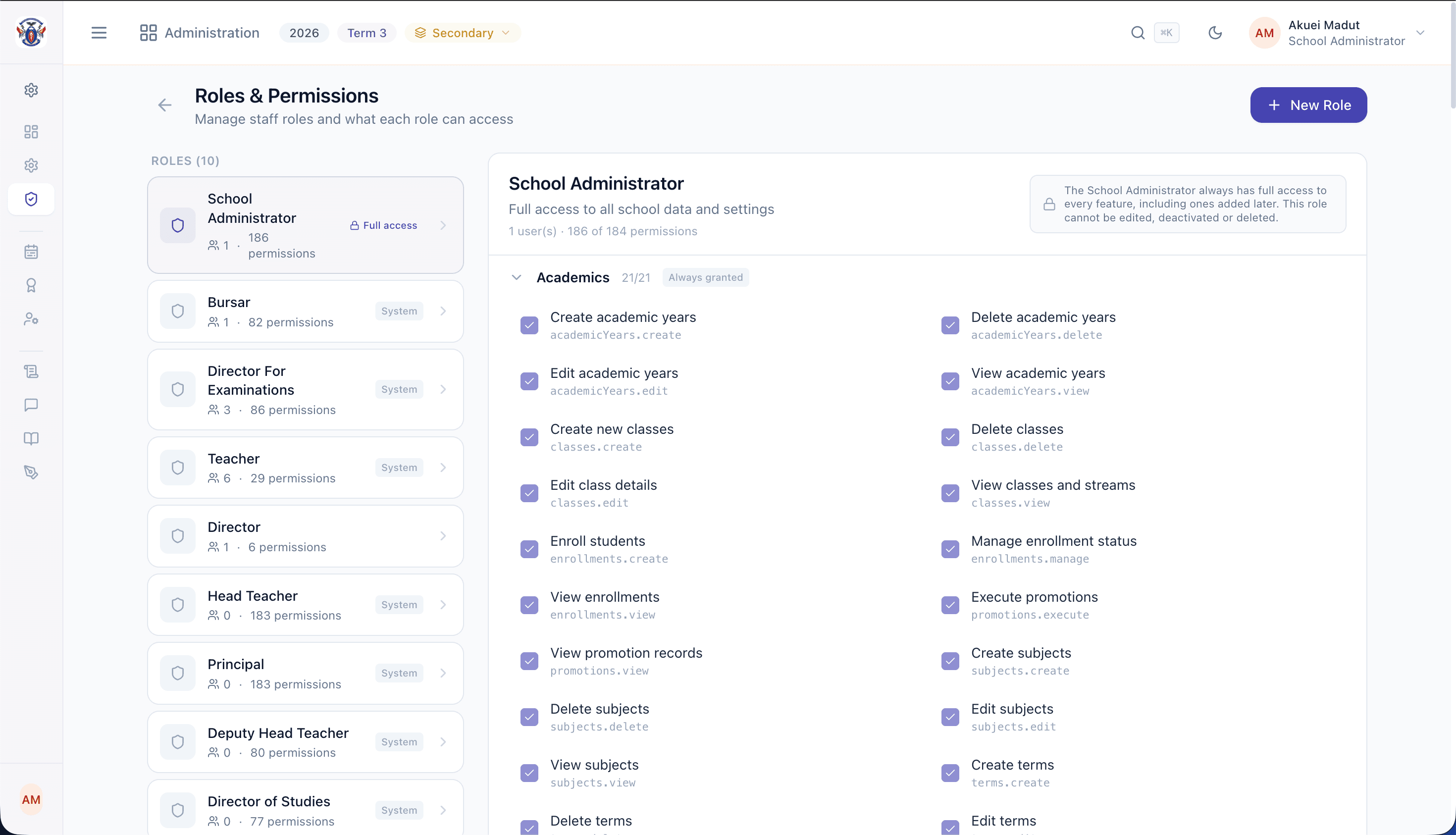 The Roles and Permissions screen: a school's ten roles down the left with how many staff hold each, and the School Administrator role open on the right showing every academic permission granted